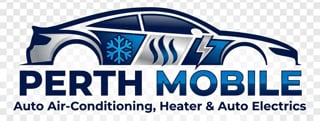 Perth Mobile logo featuring a car silhouette with snowflake, heat waves, and lightning bolt symbols for auto air-conditioning, heater and electrical services